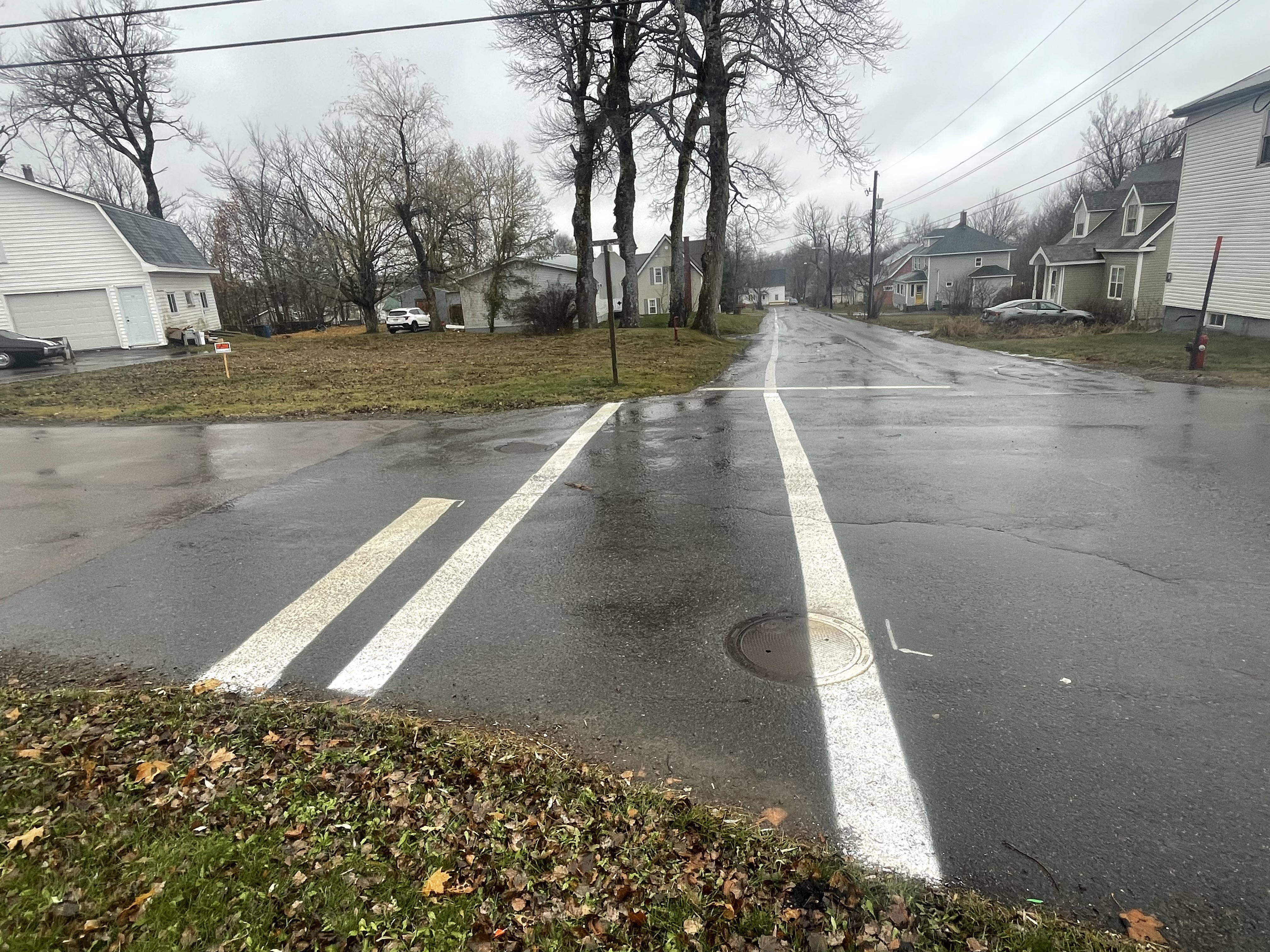 A photo of a crosswalk across Black Street in Springhill taken on a rainy day