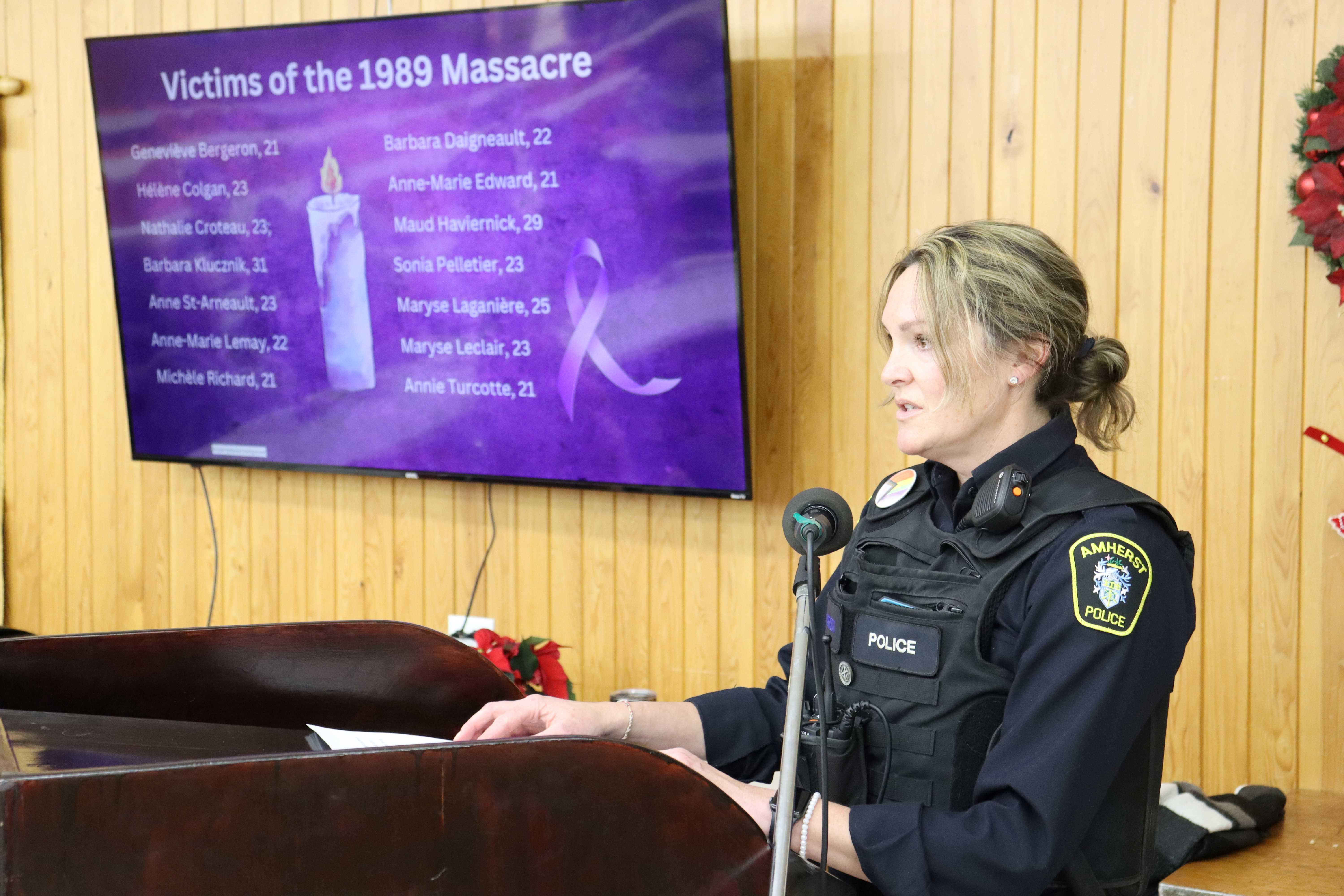 Const. Michelle Harrison speaks during the National Day of Remembrance and Action on Violence Against Women luncheon at the Amherst Lions Club on Wednesday, Dec. 6, 2023. Darrell Cole – Municipality of Cumberland photo. 