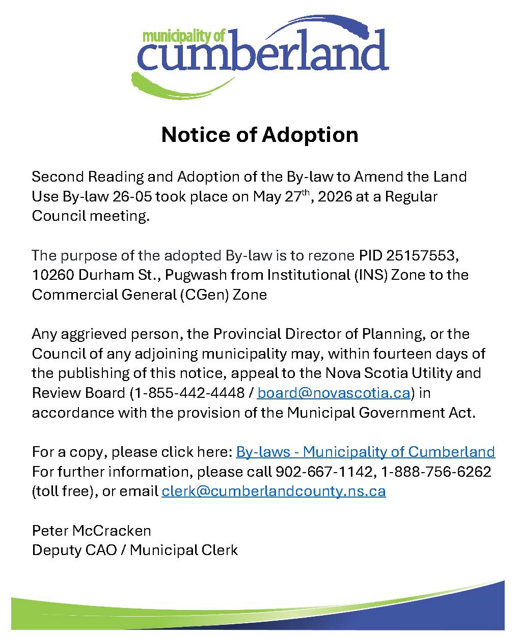 Notice of Adoption   By law 26 05   May 2026