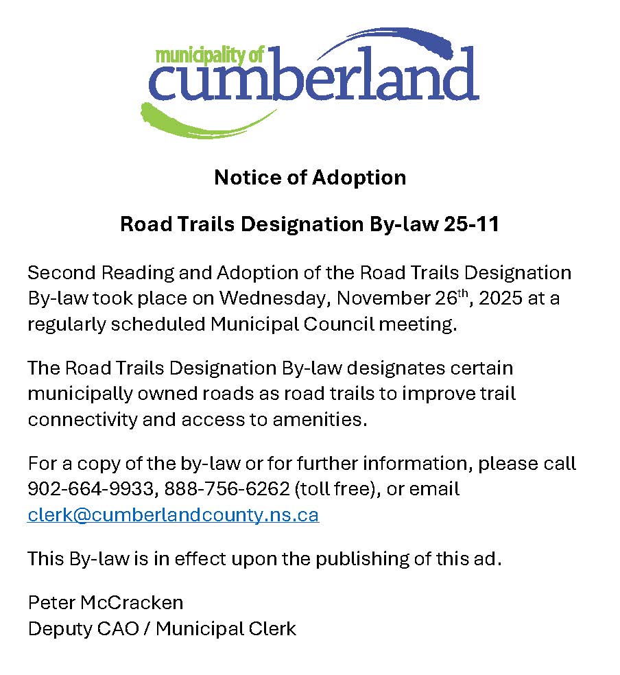 Notice of Adoption   Road Trails Designation By Law   Nov 2025