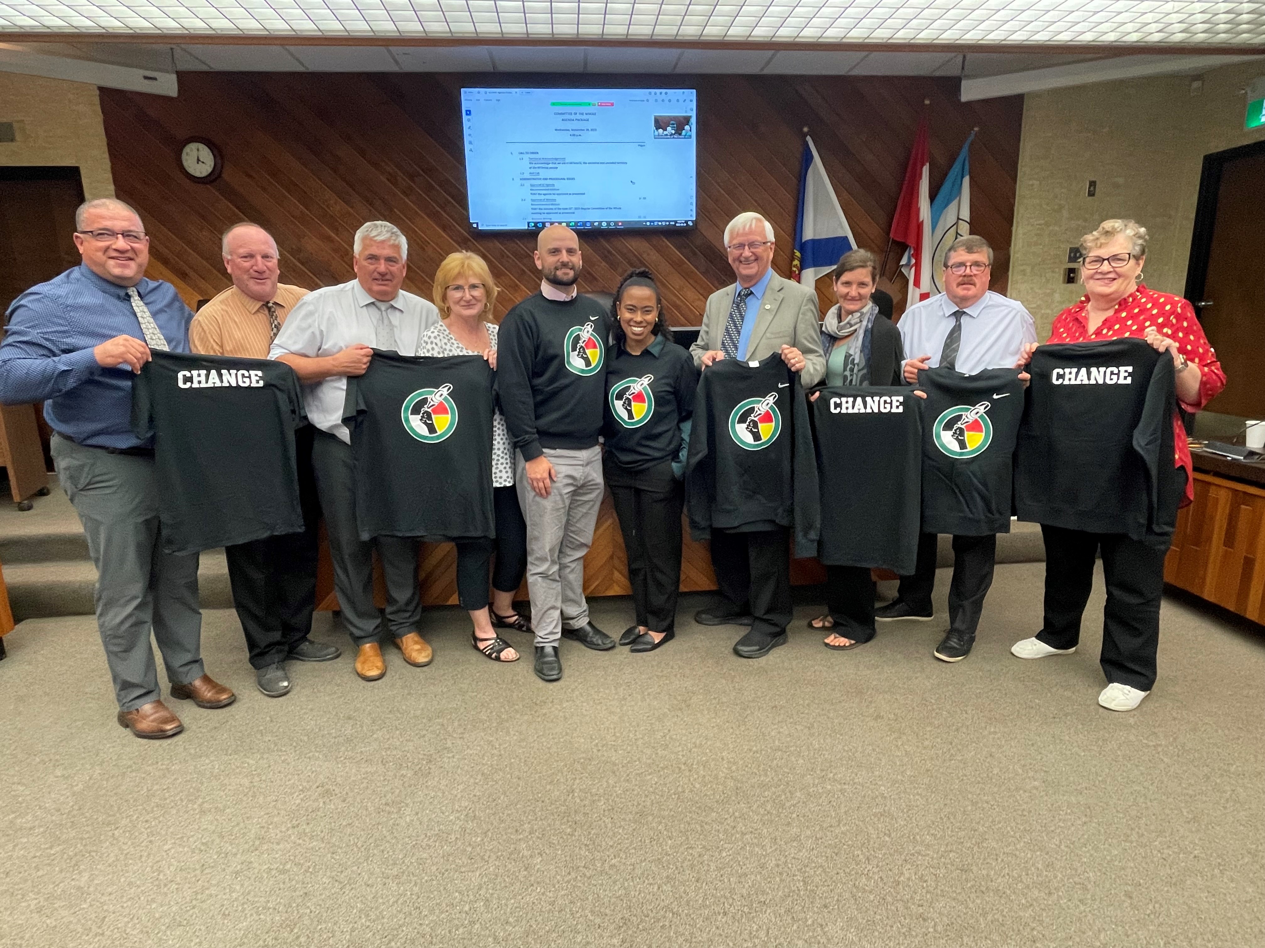 Members of Cumberland municipal council with the ‘Inclusionwear’ it purchased for members of the Springhill Junior-Senior High School’s culture club that promotes inclusion and diversity. Darrell Cole – Municipality of Cumberland photo