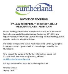 Notice of Adoption - By-Law To Repeal The Sunset Adult Residential Centre By-Law